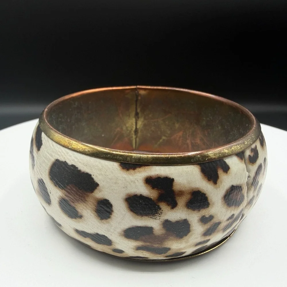 Cream Leopard Print Wide Gold Tone Bangle Bracelet Chunky Statement Y2K Gift